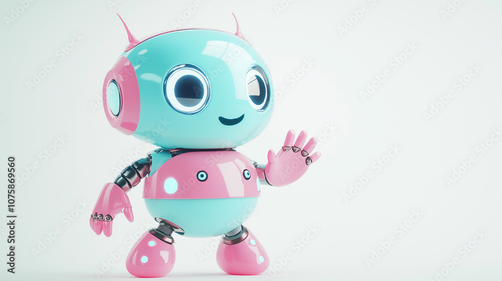 Cute glossy pink and turquoise robot waving on white background Cute glossy pink and turquoise robot waving on white background