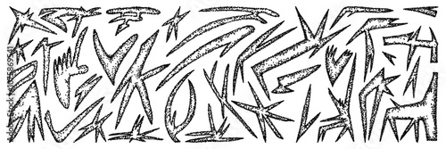 Set of abstract hand drawn shapes with noise texture. Funky doodle graphic asset. Trendy grunge style design elements. Vector figures.