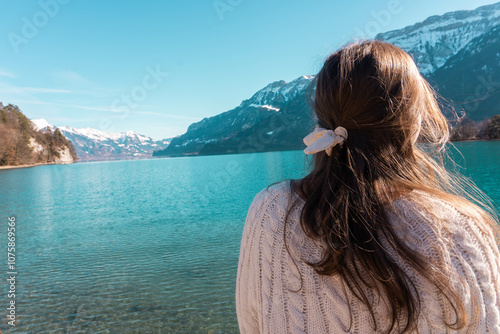 Girl at Interlaken Lake, Switerland photo