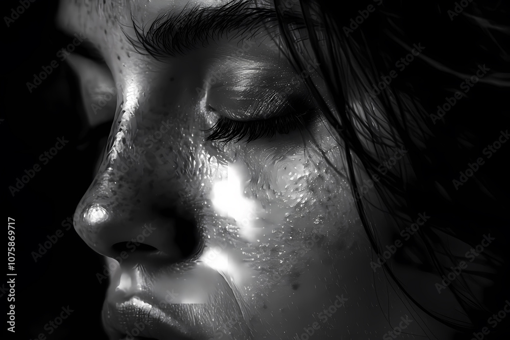 Close-up of a female face with freckles, highlighting the texture and moisture on her skin in dramatic black and white. Close-up of a female face with freckles, highlighting the texture and moisture on her skin in dramatic black and white.
