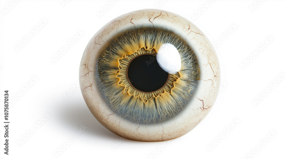 Realistic human eyeball showing sclera, iris, pupil and reflection