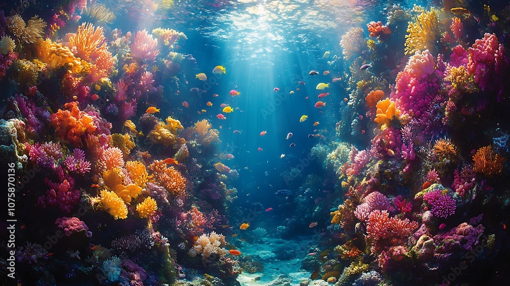 Obraz premium Colorful coral reef teeming with life, illuminated by a ray of sunlight.