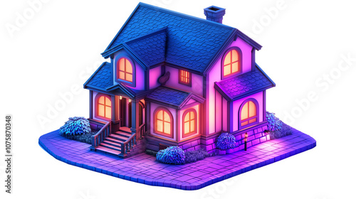 Cozy illuminated house with glowing windows at night on transparent background