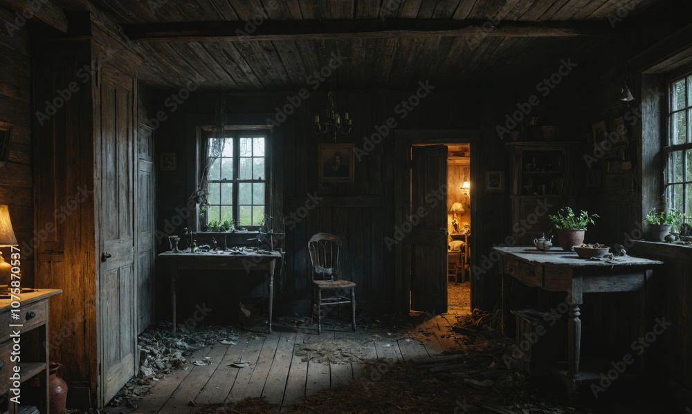 Fototapeta premium A dark room with a chair and a table