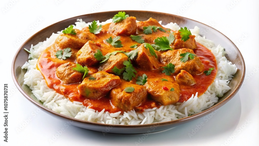 Delicious Spicy Curry Chicken Tikka Masala Served with Rice Isolated on White Background for Culinary and Food Photography Use Delicious Spicy Curry Chicken Tikka Masala Served with Rice Isolated on White Background for Culinary and Food Photography Use