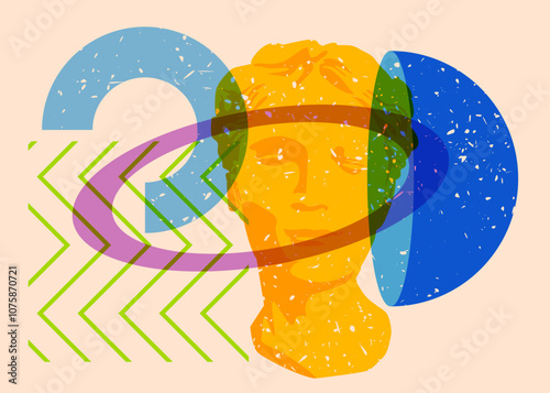 Risograph Head Sculpture with geometric shapes. Objects in trendy riso graph print texture style design with geometry elements.