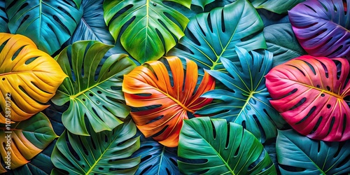 Wallpaper Mural Vibrant foliage background with colorful monstera leaves in bright tones, tropical, plants, leaves, lush, vibrant, nature Torontodigital.ca