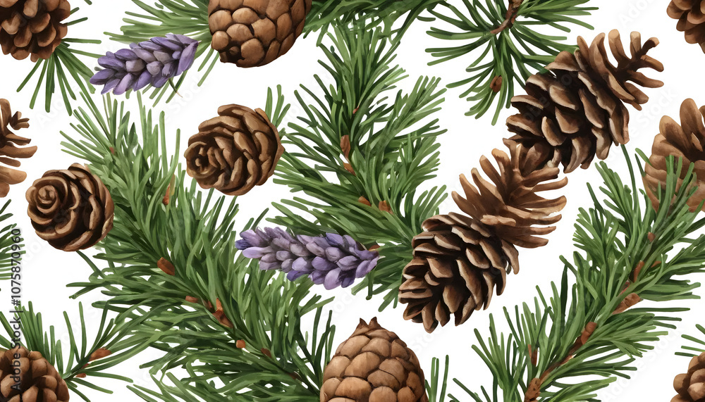 Fototapeta premium Elegant pattern featuring pine cones and evergreen branches on a white background in a natural design