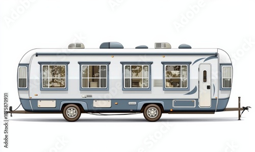 Car pulling RV camping trailer on white background