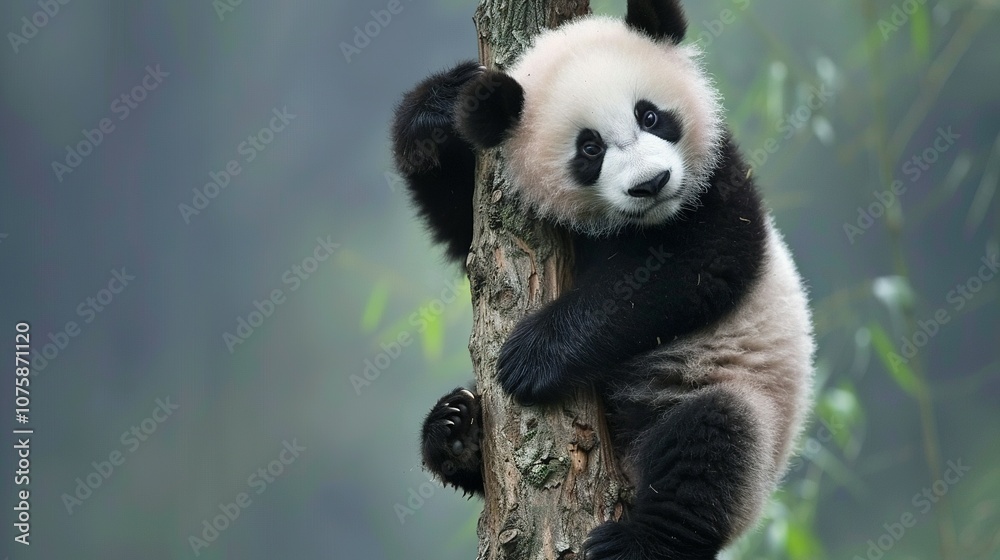 Obraz premium Observing Giant Pandas Hanging Out in Trees at Chengdu Base