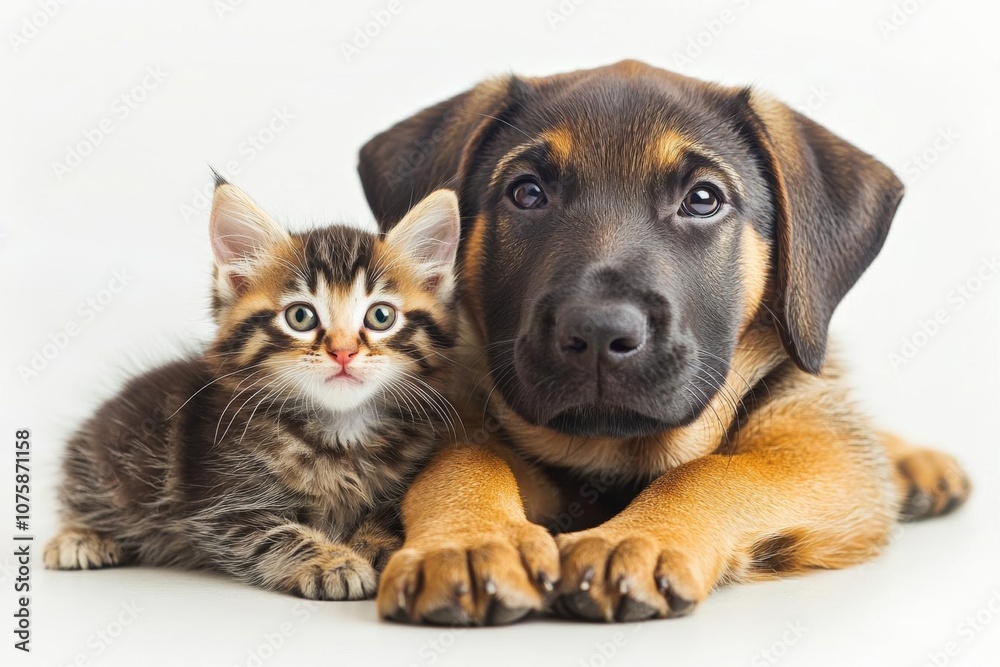 Charming puppy and kitten joyfully interacting, showcasing their innocent and friendly bond , isolated on white background, , copy space, copy space for text, Charming puppy and kitten joyfully interacting, showcasing their innocent and friendly bond , isolated on white background, , copy space, copy space for text,