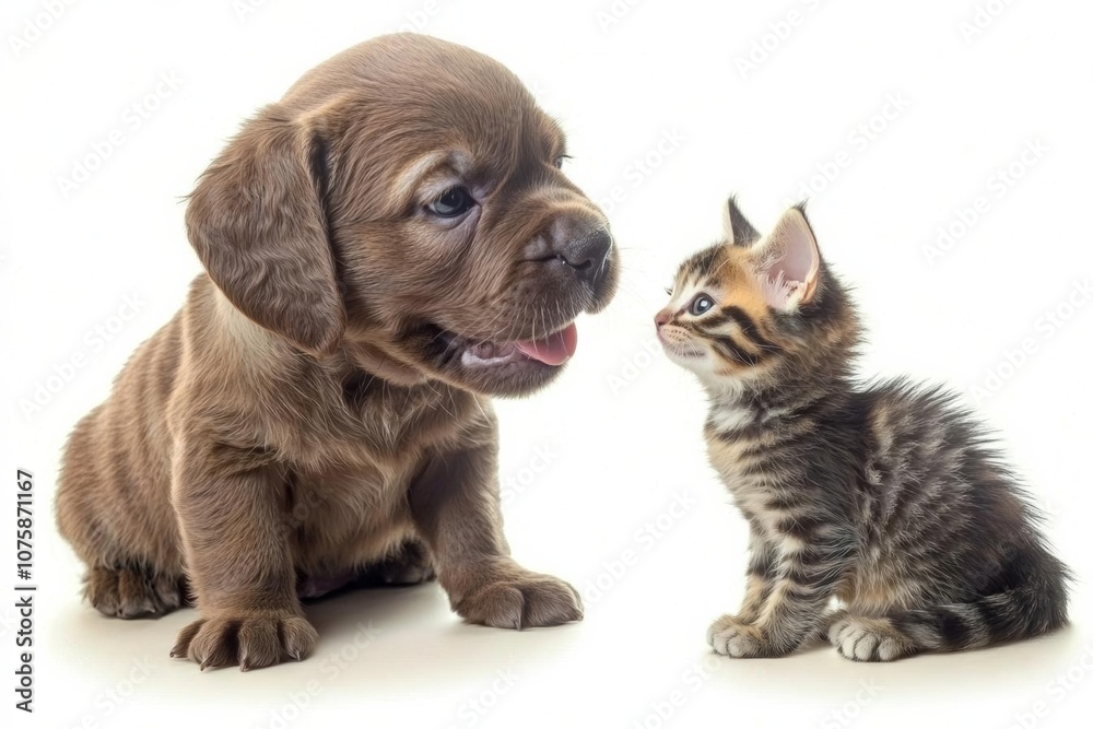 Obraz premium Charming puppy and kitten joyfully interacting, showcasing their innocent and friendly bond , isolated on white background, , copy space, copy space for text,