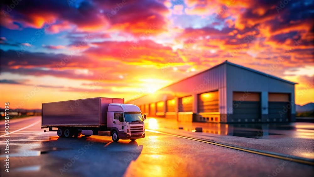 Delivery Truck Parked in Warehouse Lot During a Beautiful Sunset Glow with Tilt-Shift Photography Effect, Capturing the Tranquil Scene of Logistics at Dusk Delivery Truck Parked in Warehouse Lot During a Beautiful Sunset Glow with Tilt-Shift Photography Effect, Capturing the Tranquil Scene of Logistics at Dusk