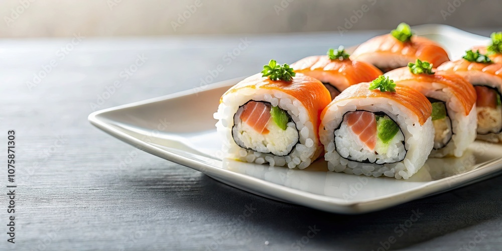Sushi maki rolls with fresh salmon slices on a plate , Japanese food, traditional cuisine Sushi maki rolls with fresh salmon slices on a plate , Japanese food, traditional cuisine