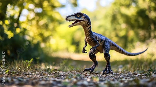 A cinematic photoshoot of a Velociraptor captured with an 85mm lens, showcasing incredible depth of field and tilt-shift blur.  photo