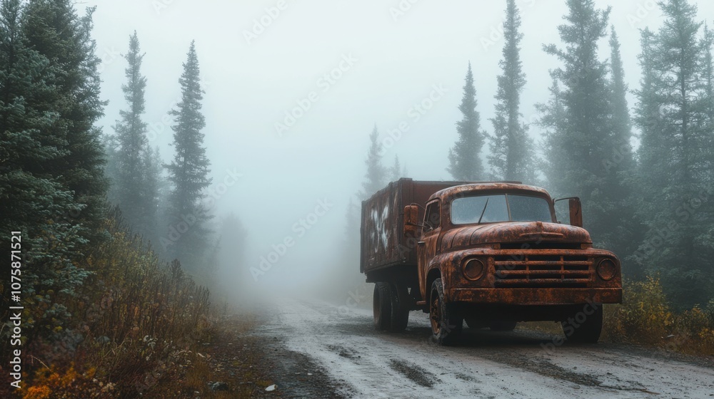 A forgotten truck, covered in rust, abandoned on a misty dirt road A forgotten truck, covered in rust, abandoned on a misty dirt road