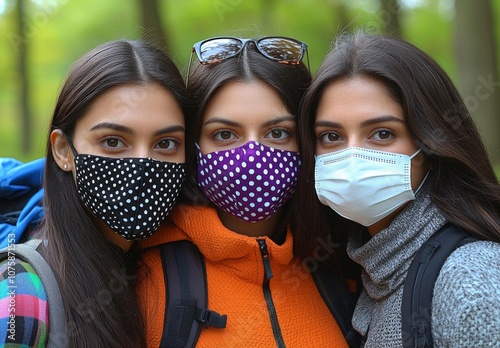 Closeup of three Indian women wearing facemasks, standing outdoors , isolated on white background,  , copy space, copy space for text,