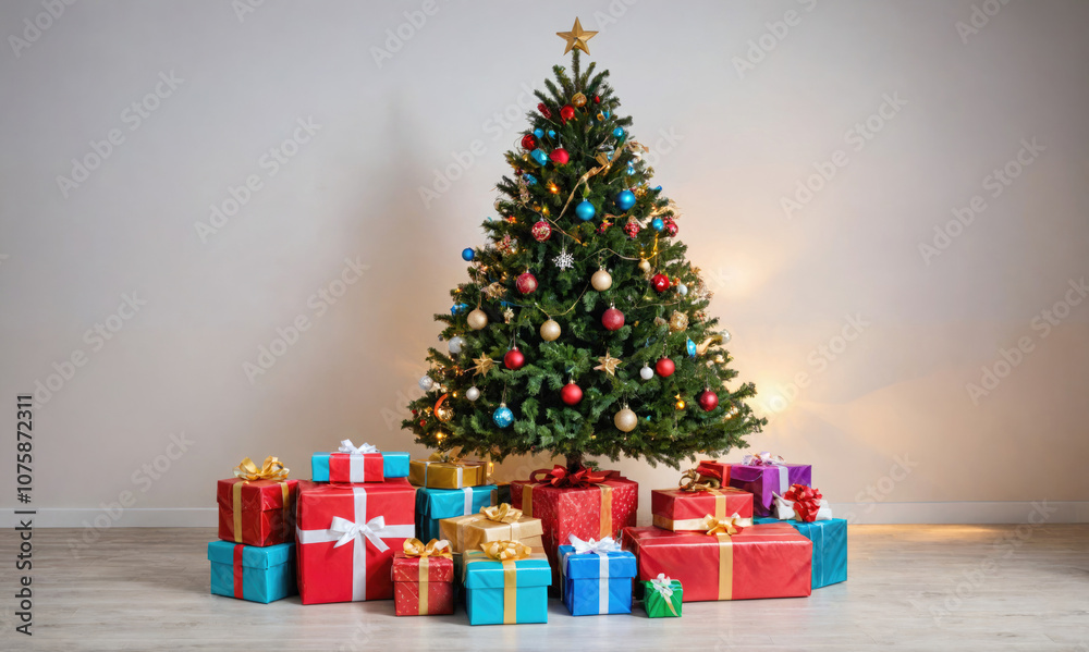 A large Christmas tree is surrounded by many presents A large Christmas tree is surrounded by many presents