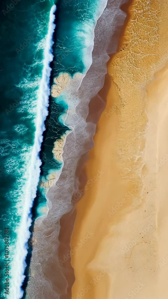 An aerial view of a sandy beach and turquoise waves crashing on the shore An aerial view of a sandy beach and turquoise waves crashing on the shore