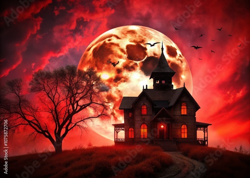 Eerie Haunted House Silhouette Under Bloodred Sky and Full Moon Perfect for Halloween Atmosphere and Scary Night Scenery with Dark Shadows and Spooky Vibes