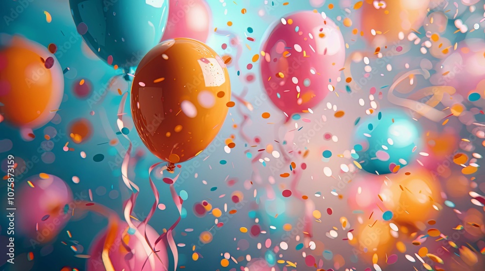 Colorful Balloons and Confetti Floating in Air Colorful Balloons and Confetti Floating in Air