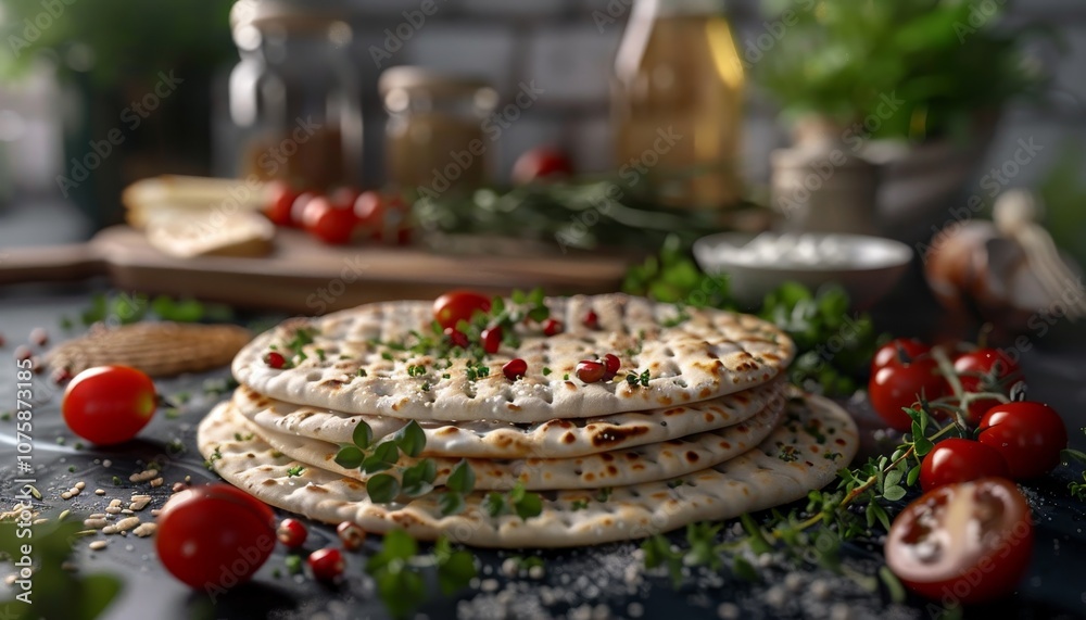 A stack of three grilled flatbreads, topped with fresh herbs and red peppercorns, surrounded by fresh ingredients, such as tomatoes, herbs, and cheese. A stack of three grilled flatbreads, topped with fresh herbs and red peppercorns, surrounded by fresh ingredients, such as tomatoes, herbs, and cheese.