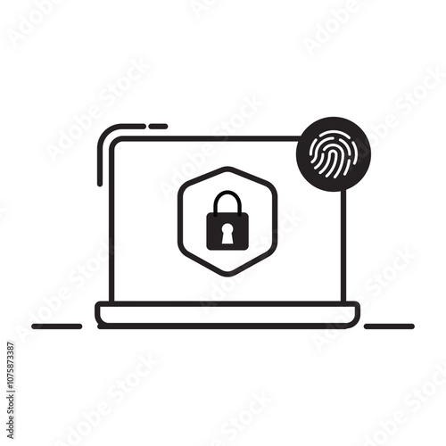  Cyber crime security, data secured by fingerprint, black and white linear icon isolated white background,