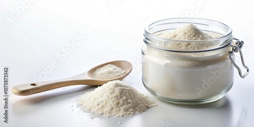 MSM powder in a clear jar with measuring spoon on white background, healthy, supplement, powder, MSM, jar photo