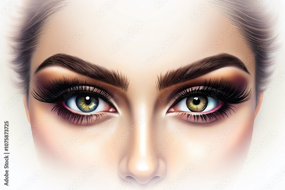 Naklejka premium Elegant Female Eyes with Long Eyelashes and Perfectly Shaped Eyebrows on a White Background - Beauty Salon, Eyelash Extensions, Microblading, and Mascara Concept