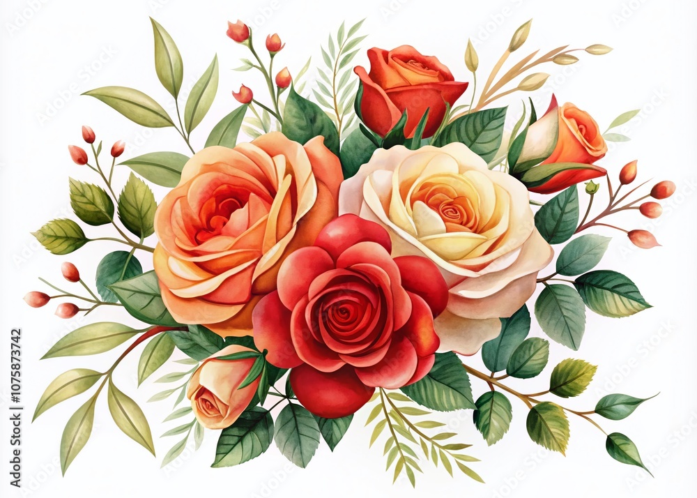 Elegant Floral Elements Featuring Red and Peach Roses with Leaves and Branches for Romantic Wedding and Greeting Card Designs Elegant Floral Elements Featuring Red and Peach Roses with Leaves and Branches for Romantic Wedding and Greeting Card Designs