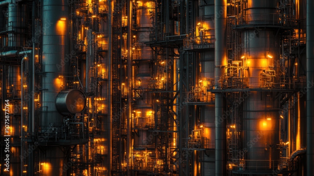 A high-resolution close-up of oil refinery towers