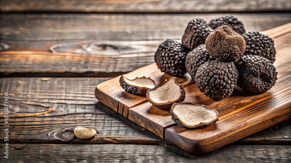 Sliced black truffles displayed on a rustic wooden board, gourmet, delicacy, food photography, culinary, luxury