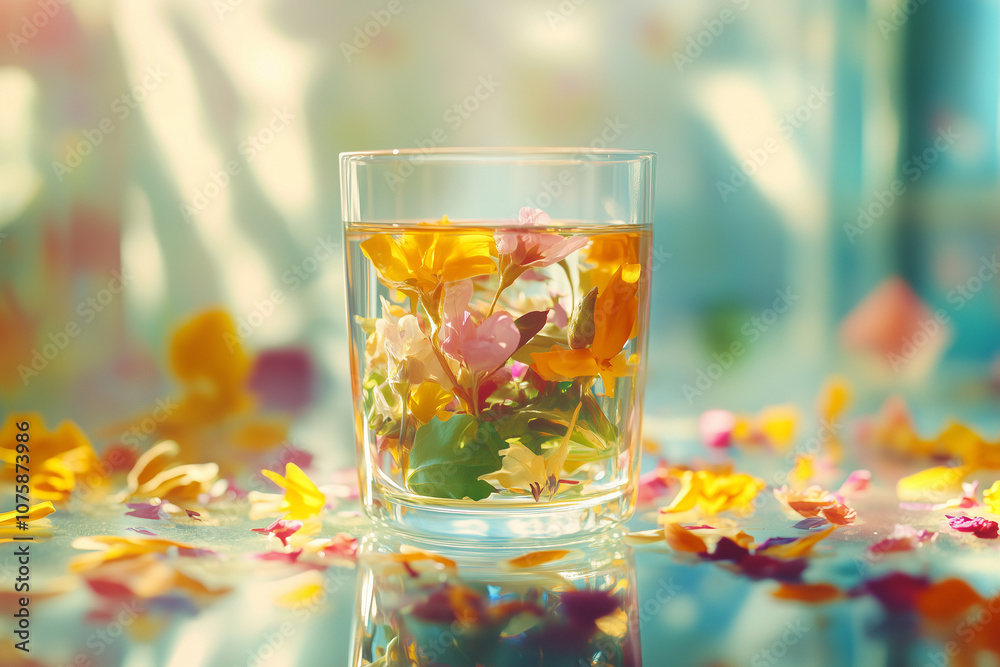 Herbal infusion in a glass cup, colorful herbs and petals Herbal infusion in a glass cup, colorful herbs and petals
