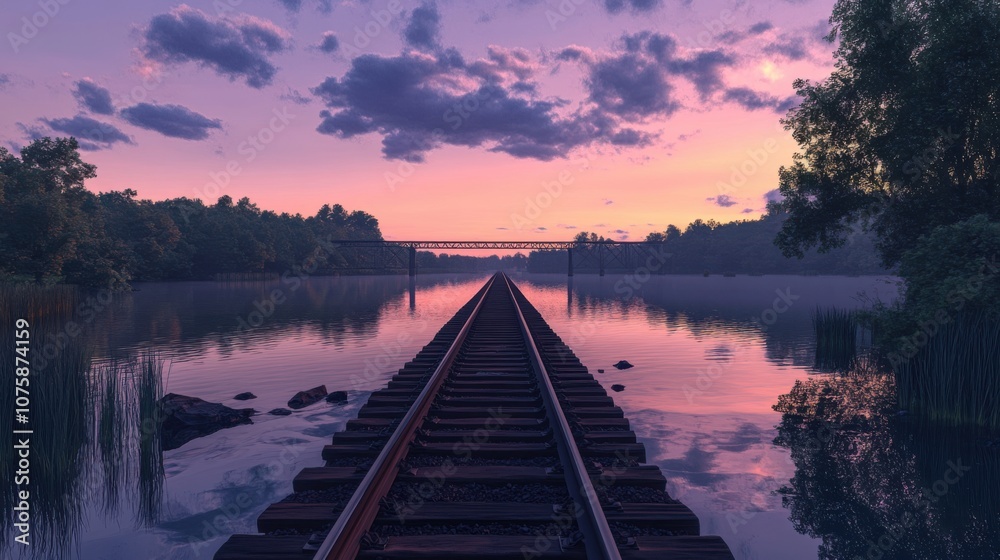 Fototapeta premium A high-resolution view of railway tracks crossing a tranquil