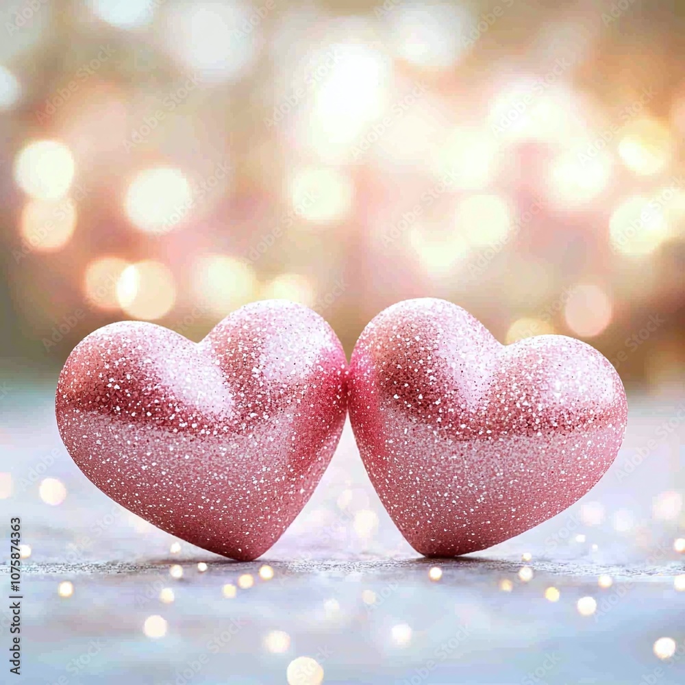 Fototapeta premium Sparkly pink hearts concept. Two sparkling pink hearts are placed closely together, exuding a romantic and festive ambiance, with a soft bokeh background.
