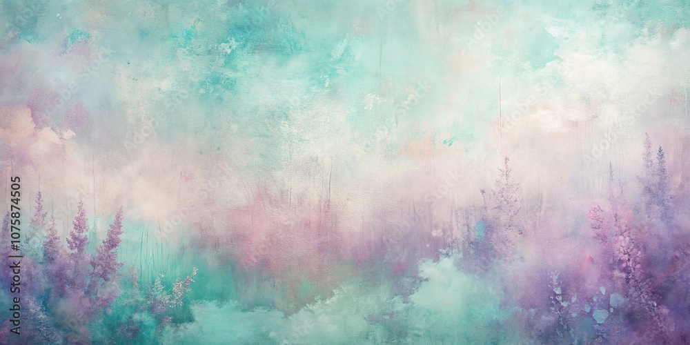 Obraz premium Abstract Silhouettes of a Distant Forest Emerge from a Misty, Color-Washed Sky