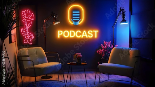 Modern podcast studio with leather chairs, a neon-lit 
