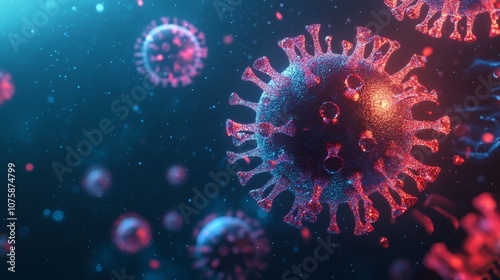 Close-up visualization of a virus, showcasing its structure and surrounding environment.