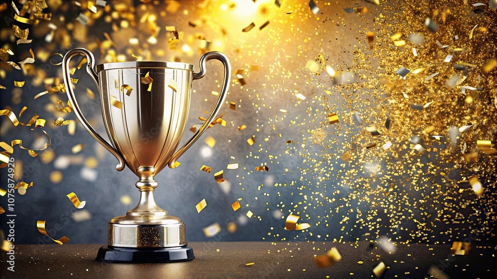 Golden and silver championship cup with celebration confetti and ribbons , victory, success, award, trophy, competition Golden and silver championship cup with celebration confetti and ribbons , victory, success, award, trophy, competition