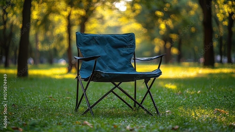 A folding chair positioned in a sunlit park setting.