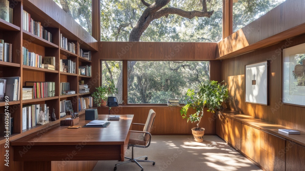 Fototapeta premium Modern office space with wooden shelves, plants, and large windows.