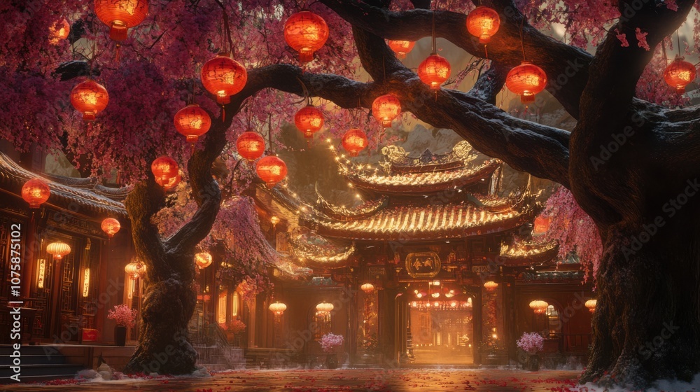 A large shrine decorated for the Lunar New Year,