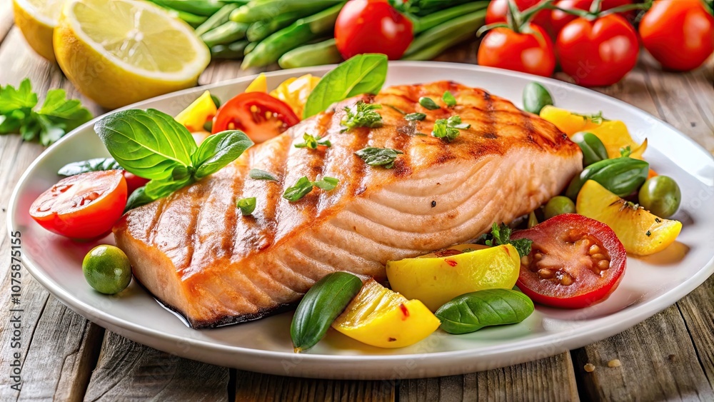 Perfectly grilled salmon fillet served with a medley of fresh vegetables, salmon, grilled, fillet, fresh, vegetables, healthy Perfectly grilled salmon fillet served with a medley of fresh vegetables, salmon, grilled, fillet, fresh, vegetables, healthy