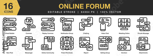 Online Forum icon set. Editable Stroke Icon Collection. Includes chatting, cheat bubble, comment, emotion, meeting online, and More. Outline icons vector collection.