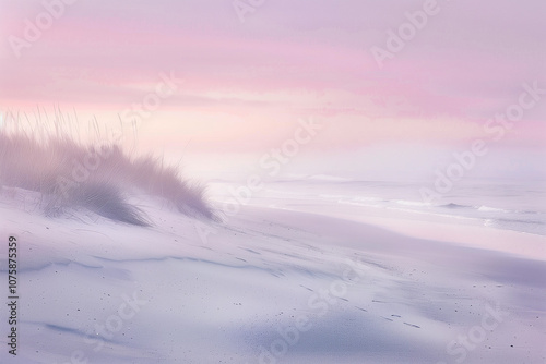 A peaceful beach landscape at dawn, with fluffy sand dunes covered in delicate sea grasses, mist rising over the water, and a calm, pastel sky transitioning from pink to lavender.
