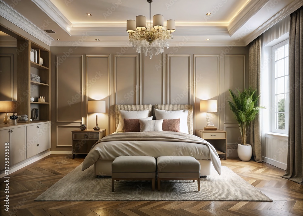 Elegant White Bedroom Interior with Earth Tones in Soft Low Light, Showcasing 3D Rendering Techniques for Modern Home Design and Cozy Atmosphere Inspiration