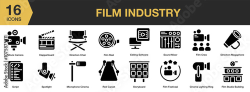 Film Industry solid icon set. Includes storyboard, spotlight, sound mixer, script, and More. Solid icons vector collection.