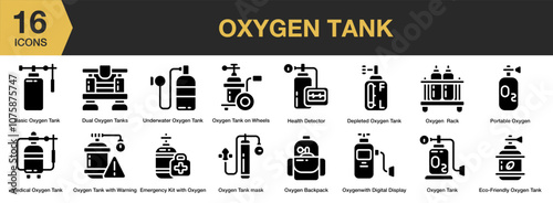 Oxygen Tank solid icon set. Includes Diving, Oxygen, Sport, Tank, Travel, Utensils, and More. Solid icons vector collection.