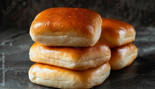 A stack of four soft, golden-brown burger buns on a dark gray countertop. photo