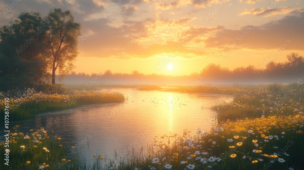 Fototapeta premium Serene sunset over a tranquil river surrounded by blooming flowers.